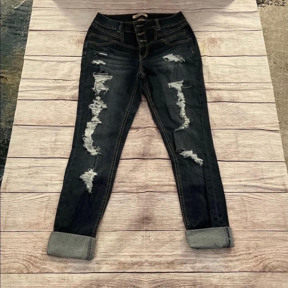 Dark Wash Distressed Blue Spice Crop Jeans